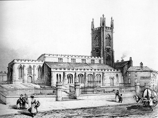 Preston Church, showing the fenced churchyard and street in front, with pedestrians walking and a covered horse cart