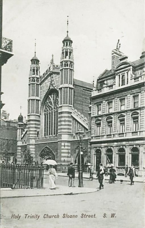 Trinity Church, Sloane Street, London, with striped brickwork on its two towers