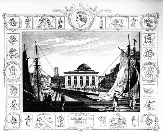 museum building centre, with rigged ships on either side in the foreground; decorative border with classical images in squares frames the drawing