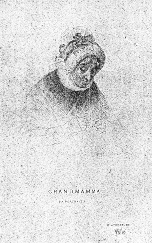 Catherine Fraser Wardrop in a bonnet, knitting, facing down; head only is fulling drawn; hands and arms sketched in, body not drawn