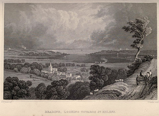 Brading village and church in the valley; tree on a hilltop in the right foreground, with a horse cart on a road beneath it