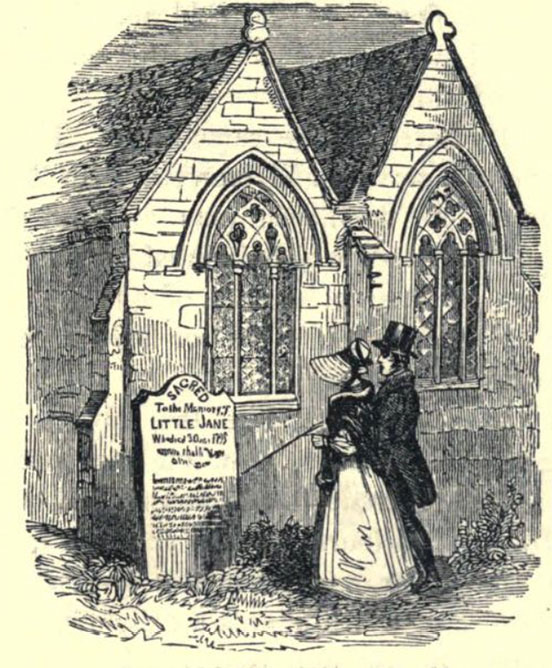 two gables of a church, with a gravestone immediately in from of the wall; on the stone: "Sacred to the Memory of Little Jane..." and a man and a woman in Victoria dress staring at it