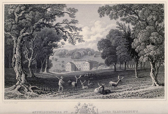 building with two front wings seen up an alley between trees in a forested estate with deer and a game keeper in the foreground