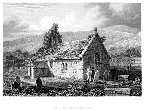 church in a small graveyard, with a small porch to the left side; two people and a dog walking at the front corner of the church