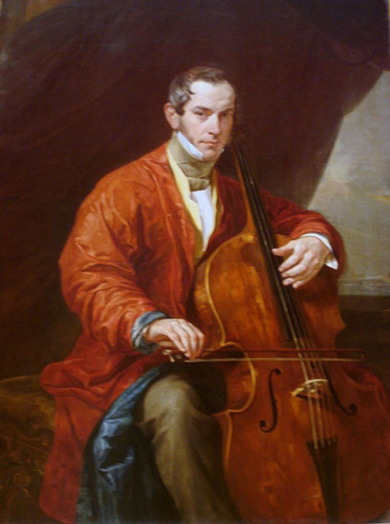Oil painting of a man in a smoking jacket holding a cello and drawing his bow