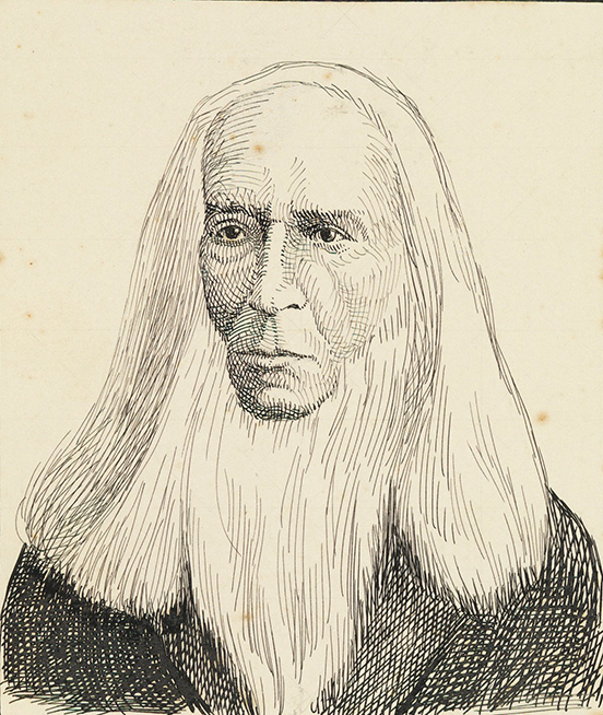 Line drawing of older man with flowing white hair and beard but bald on the top of his head