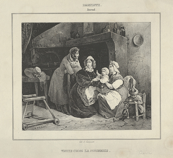Etching of a woman sitting with a baby in her lap, facing another woman sitting, another woman standing behind her. In the corner, a trapazoid baby seat on four wheels, in an eighteenth-century farmhouse in front of a huge fireplace