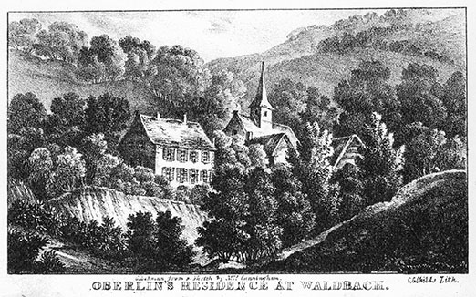 Etching of a manor house and a church nestled into a forest in a valley