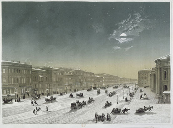 Horse-drawn sleighs and pedestrians in the snow on on Nevskii Prospect at night, 1850s (State Museum of the History of St. Petersburg)