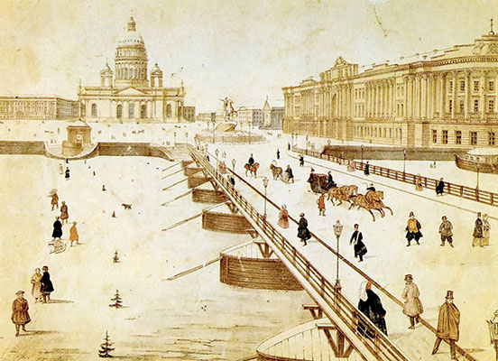 Pedestrians and a horse-drawn carriage in the snow on the Isaac floating bridge, with Senate Square and St. Isaac's Cathedral in the background, 1830s