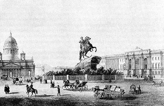 Peter the Great statue in St. Peter's Square, with the horse's rear foot stomping on a snake, 1850s