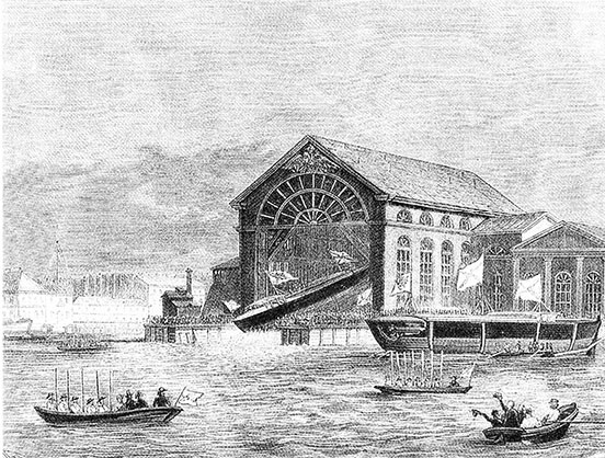 Boat launching form a covered slip at the New Admiralty, St. Petersburg, 1837