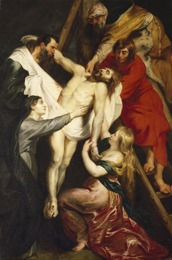 Rubens's Deposition from the Cross, showing Christ being removed from the cross by four men, with a woman at bottom right holding his left hand, 1617 (Hermitage Museum, St. Petersburg)