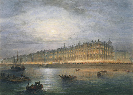 The Imperial Winter Palace from the Neva by night (Hermitage Museum, St. Petersburg)