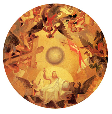 Cupola ceiling fresco of Christ and other religious items