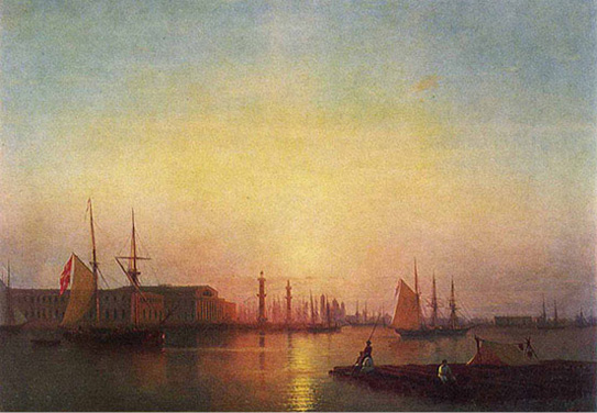 The Exchange, on the Spit of Vasilievskii Island at sunset, 1847 (State Tret'iakov Gallery, Moscow)