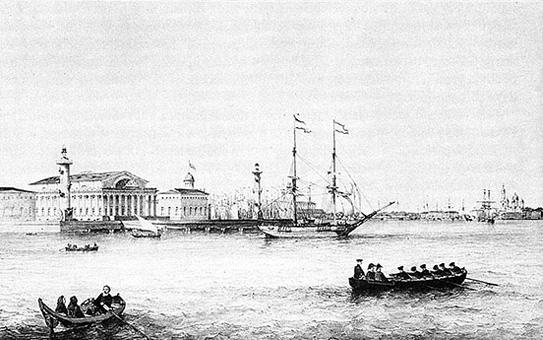 The Exchange, on the Spit of Vasilievskii Island, with a sailing ship and lighters