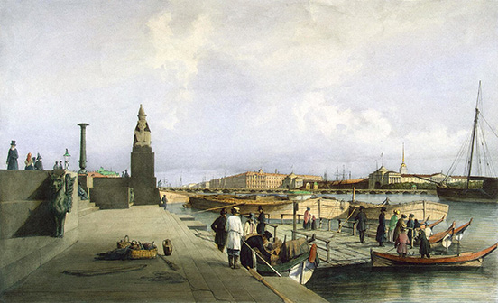 Steps and pier in front of the Imperial Academy of Fine Arts, with a sphinx on a pillar and people in boats beside the pier