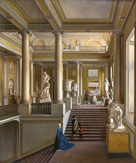 Three people on the stairs turning down to the left, with statuary on the landing and floor above