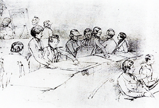 Line-drawing of a group of students drawing; two in the bottom right facing right; seven in the next row which stretches for the bottom left to top right of picture, chatting and facing various directions; three partially drawn in a back row