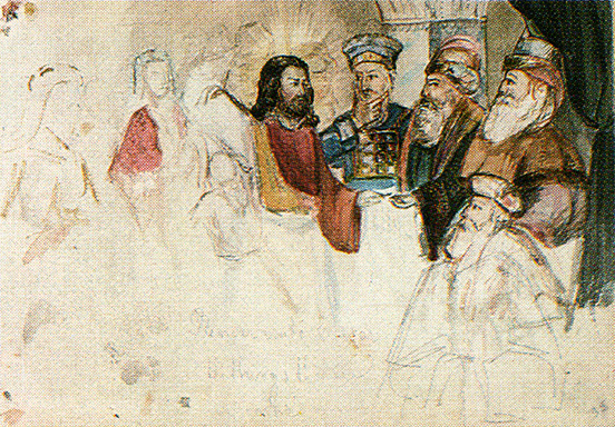 Christ centre with radiant beams; three officials fully drawn to the right; other faces and figures roughly sketched below to the right and to the left