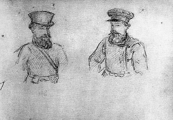 Rough sketch of two workmen with distinctive hats