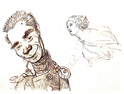 Upper body of Koristskii in uniform with head tilted to left; woman's head sketched in upper right of page; mole on left of forehead visible