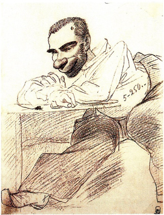 Koritskii leaned over a desk, legs outstretched, with 5-250- sketched on his side; mole on left of forehead visible