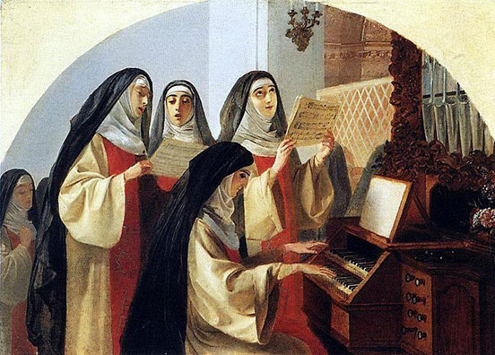 Three nuns with black habits and white wimples holding sheet music behind another playing the organ