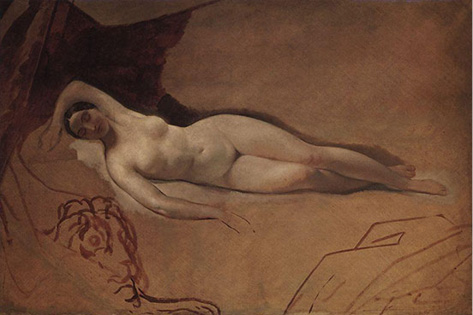 Brown and sepia image of naked woman reclining, with line drawings below to the right and left