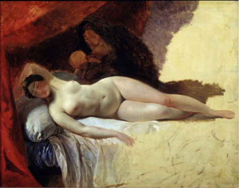 Naked woman reclining, with shadow figure in the background; yellow colours to the right, dark reds to the left