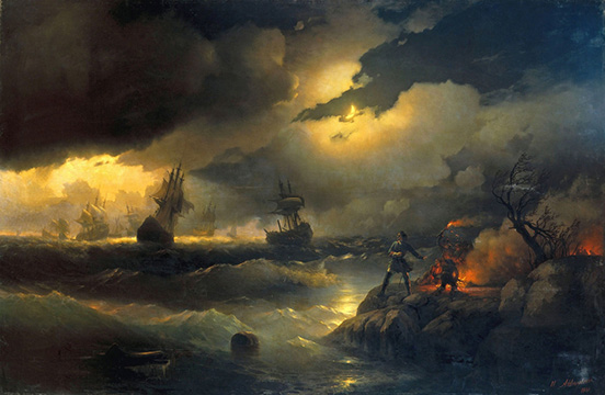 Peter the Great standing on a spit of land on right, with a fire glowing in the night; two this in a raging storm in centre of image; glowing yellow light through storm clouds