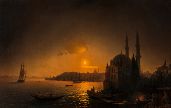 Dark night with orange moon glowing centre above horizon; silhouette of Hagia Sophia on the right; small sailing vessel on the water on left