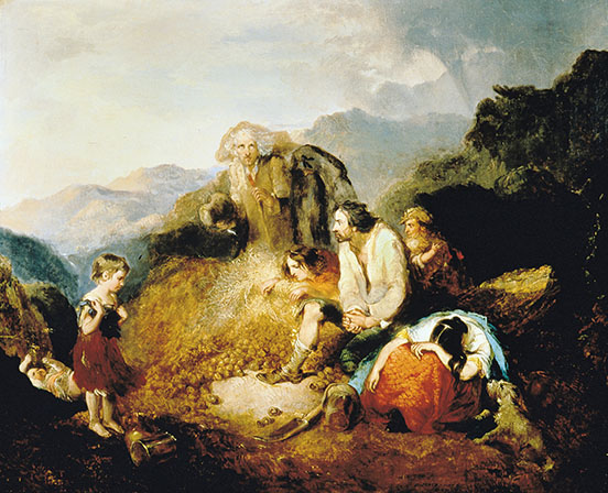 Most of the family on right, mother bent over her knees weeping, dog at her feet; small child on the left; affluent man standing over a pile of spoiled potatoes in centre