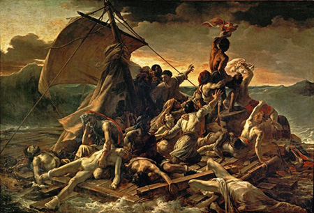 People on a raft with a square sail facing away to the left; most people are naked and death-like