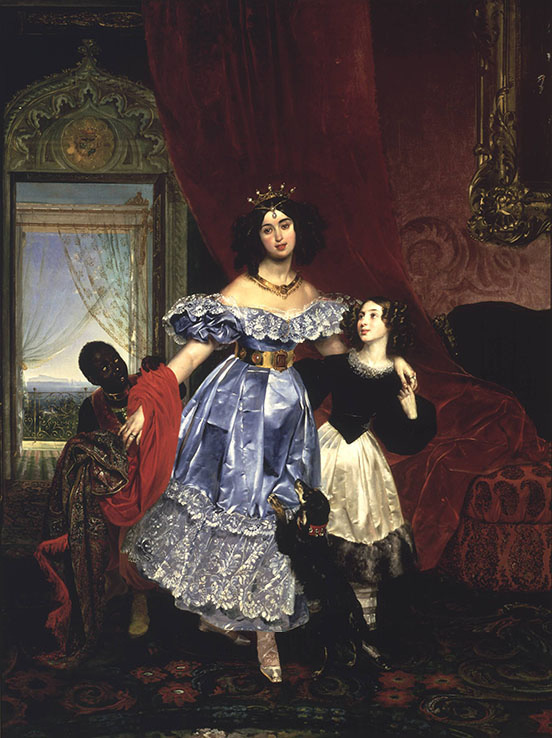 Countess Julia Samoilova in a rich mauve silk gown with lace flounce; her Foster Daughter Giovannina to her right in black velvet and satin; their Black Servant in brocade, hidden in shadow to the left, behind a red shawl draped over the countess's arm