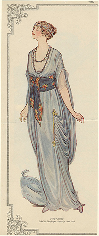 The Blue Gown: with sheer inset at neck and half-arms; gathers clipped into metal bar at the hips flowing into a train; and a dark blue waist sash with red and yellow decoration