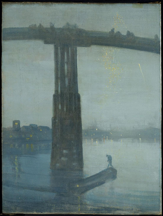 Arch of a bridge separating the top quarter of the painting; dark smoke blue tones; bridge pillar just off of centre to the left, with a man on a skiff just right of the base of the pillar