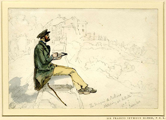 Marquise de Belluno, in colour, sitting on a rock facing right; background sketched in vaguely