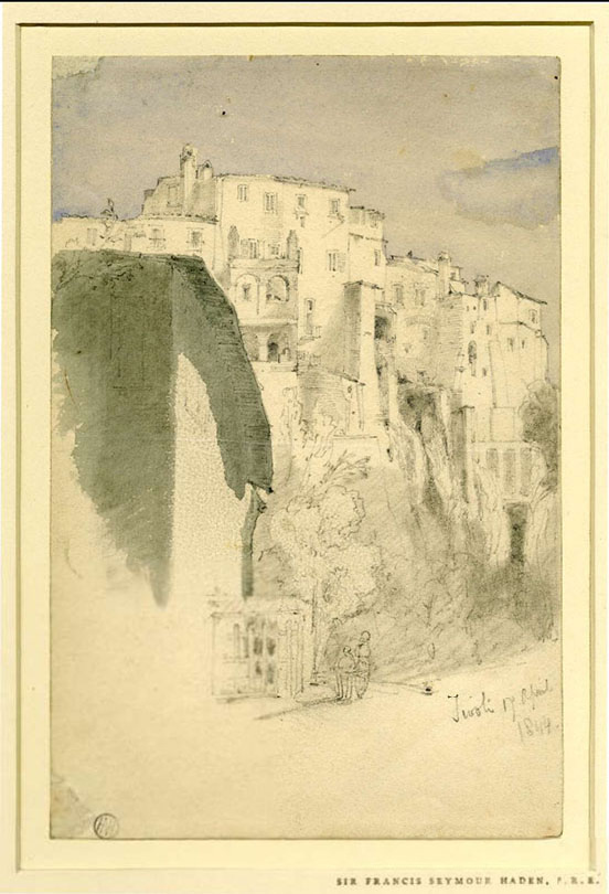 light blue Washington in sky; otherwise yellows and beiges; sketch of old buildings on cliff