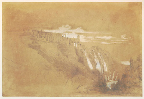 orange tone of villa on a cliff edge, waterfall and small lake below to right