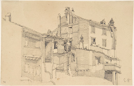 Pencil sketch of old houses with interesting angles and wooden supports for balconies