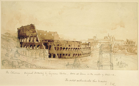 Colosseum with half the wall missing, fully drawing, with city sketched in around it