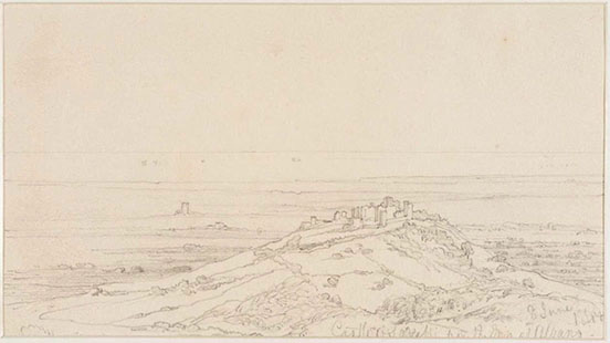 castle on hilltop with countryside around; simple sketch