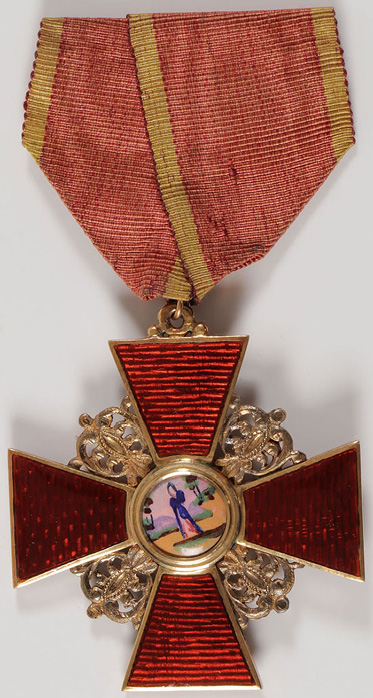 Order of Saint Anne, Second Class, Civil Division: a red four-point cross with Saint Anne on an enamel circle in the centre, suspended on a red ribbon with gold edging