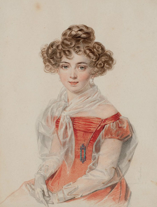 Sofia Bobrinskaia in a red dress with a white gauze shawl, and a red ribbon insignia on her left breast
