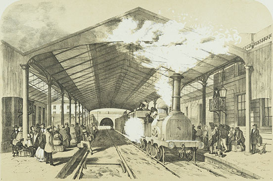 Edge Hill Station, with a steam engine and crowd, 1848