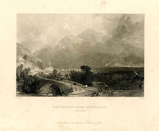 Ben Lomond from Inveruglas, with a winding road and bridge in the foreground, 1839