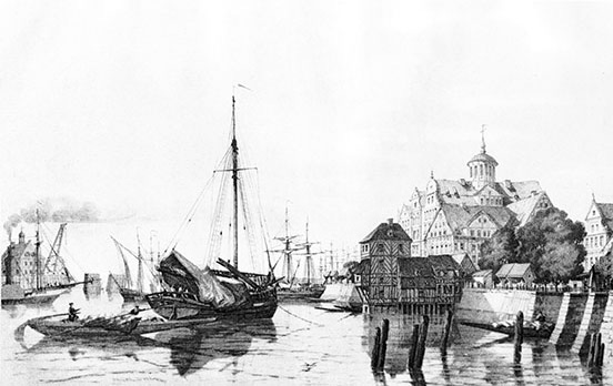 The port of Hamburg, with a sailing vessel and a skiff, 1839