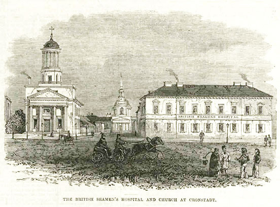 The English Church on the left and the British Seaman's Hospital on the right, Cronstadt, 1866